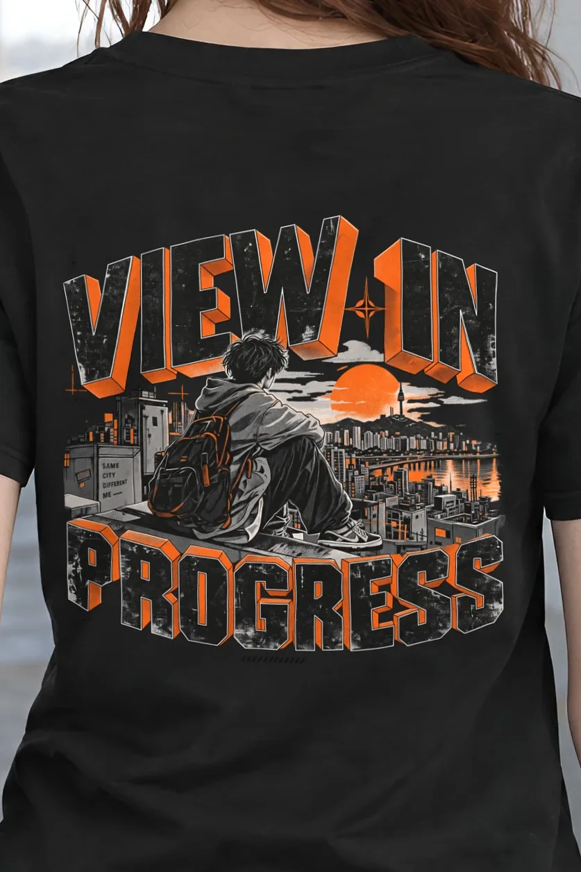 "View In Progress" Heavyweight Unisex Crewneck T-shirt - the graphic up close
