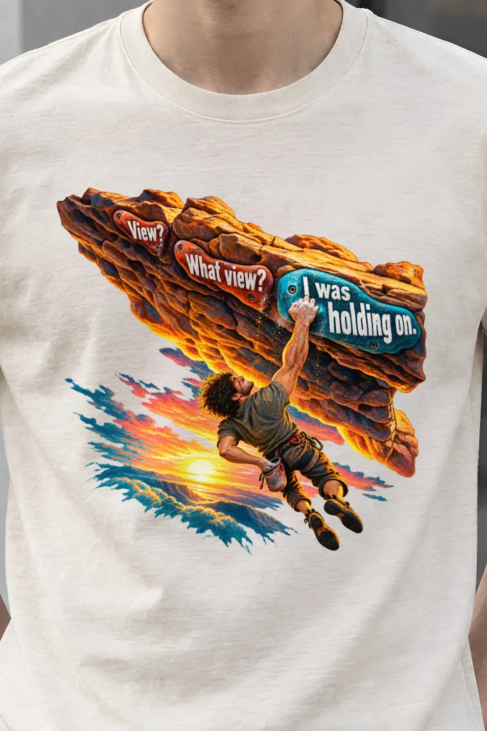 "View? What View? I Was Holding On" Heavyweight Unisex Crewneck T-shirt - the graphic up close