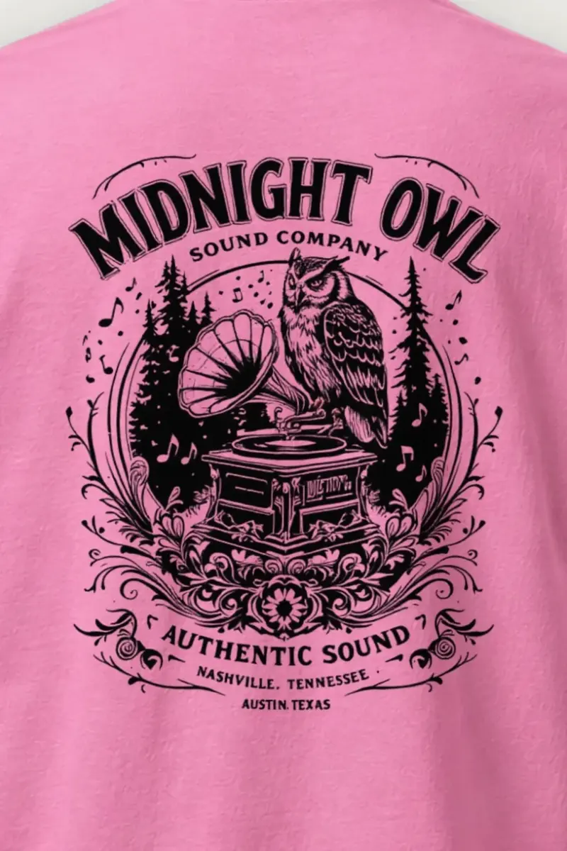 "Vintage Sound Owl" Heavyweight Unisex Crewneck T-shirt - the graphic up close