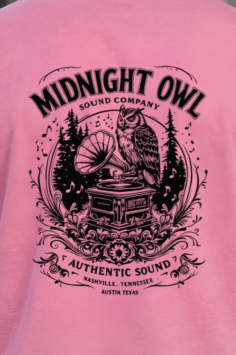 "Vintage Sound Owl" Heavyweight Unisex Crewneck T-shirt - the graphic up close