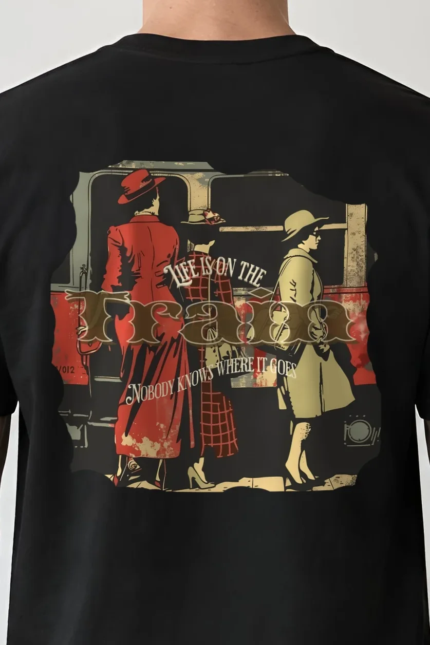 "Vintage Train Travelers" Heavyweight Unisex Crewneck T-shirt - the graphic up close