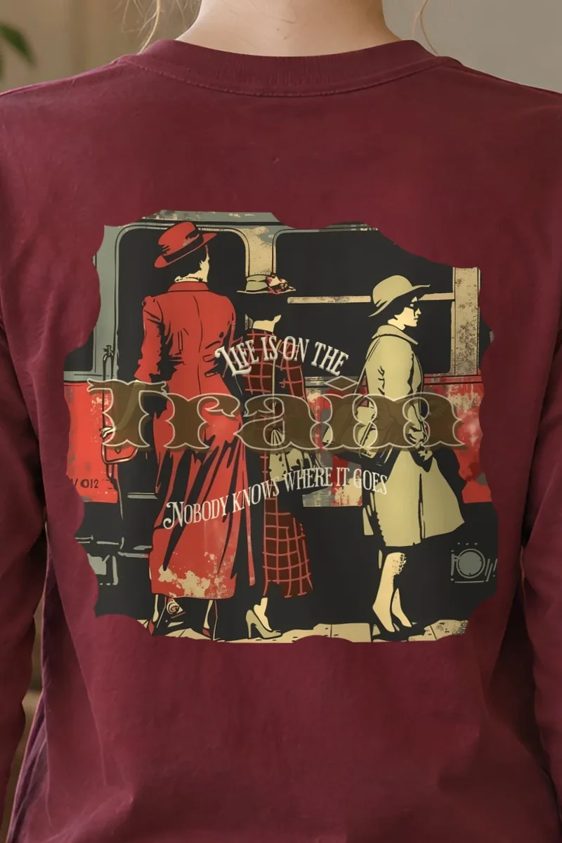 "Vintage Train Travelers" Unisex Longsleeve T-shirt - the graphic up close