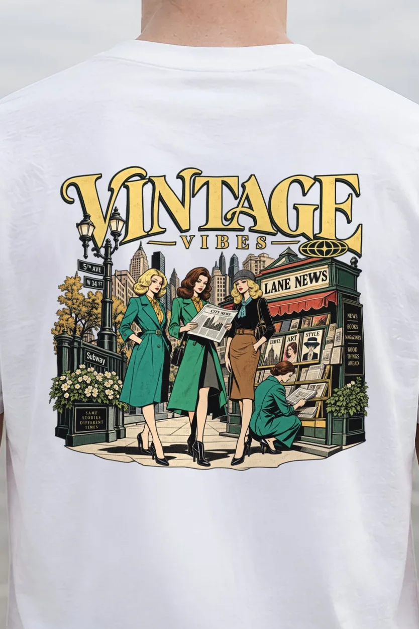 "Vintage Vibes Newsstand" Heavyweight Unisex Crewneck T-shirt - the graphic up close