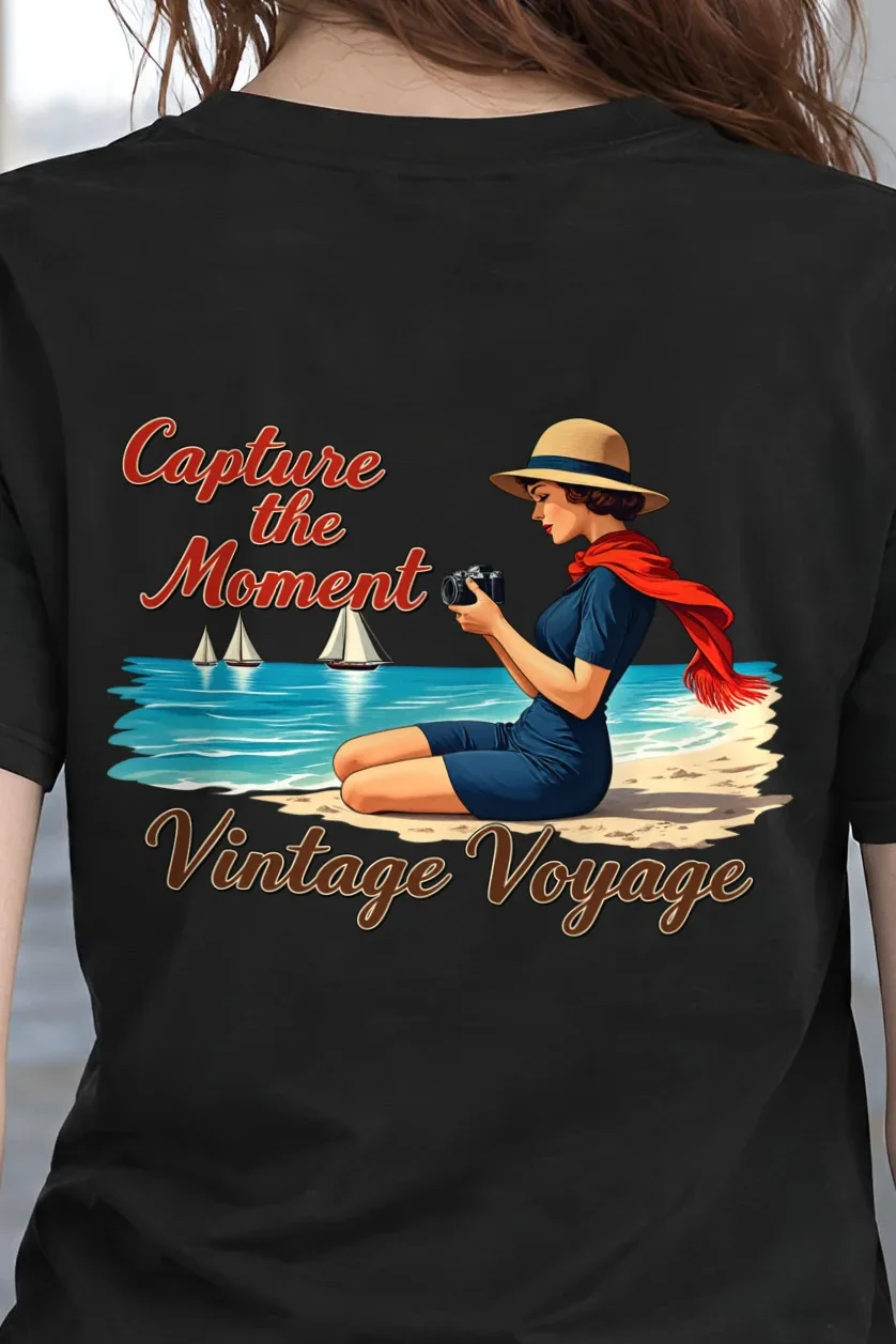 "Vintage Voyage" Heavyweight Unisex Crewneck T-shirt - the graphic up close