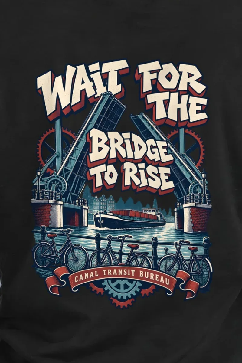 "WAIT FOR THE BRIDGE TO RISE" Heavyweight Unisex Crewneck T-shirt - the graphic up close