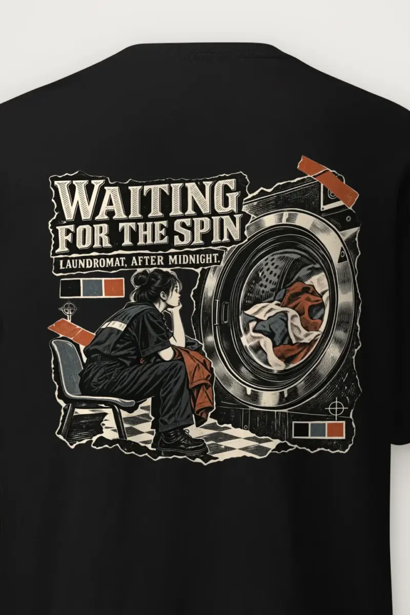 "Waiting for the Spin" Heavyweight Unisex Crewneck T-shirt - the graphic up close