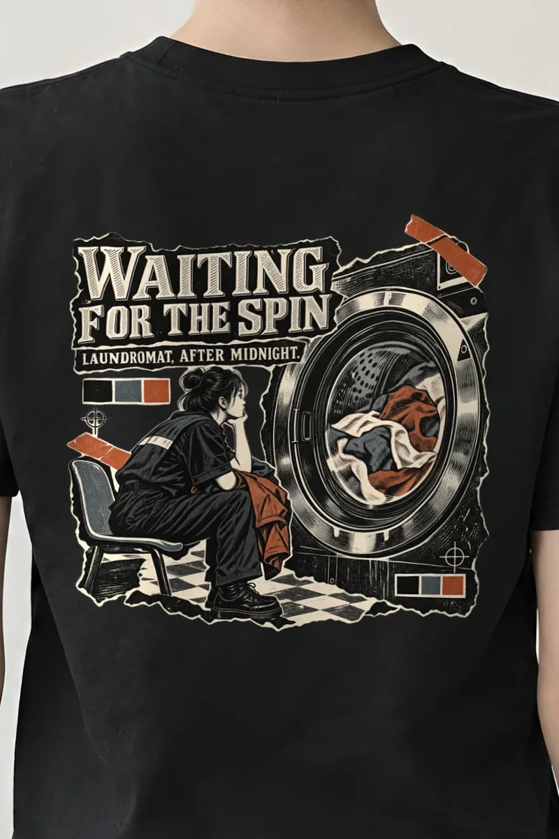 "Waiting for the Spin" Heavyweight Unisex Crewneck T-shirt - the graphic up close