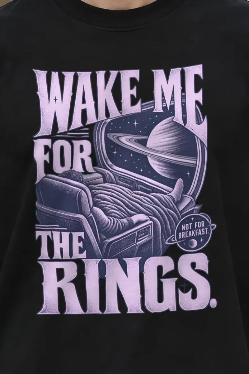 "Wake Me For The Rings" Men’s Oversized Heavyweight Crewneck T-Shirt - the graphic up close
