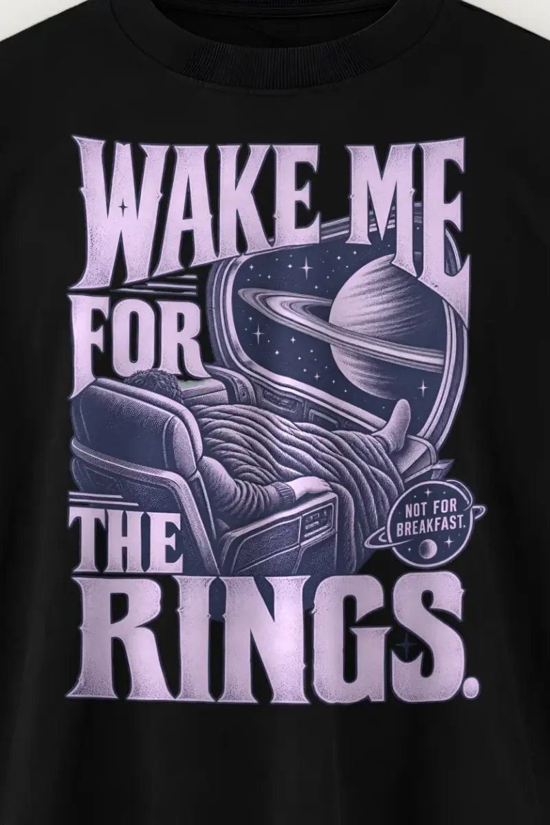 "Wake Me For The Rings" Men’s Oversized Heavyweight Crewneck T-Shirt - the graphic up close