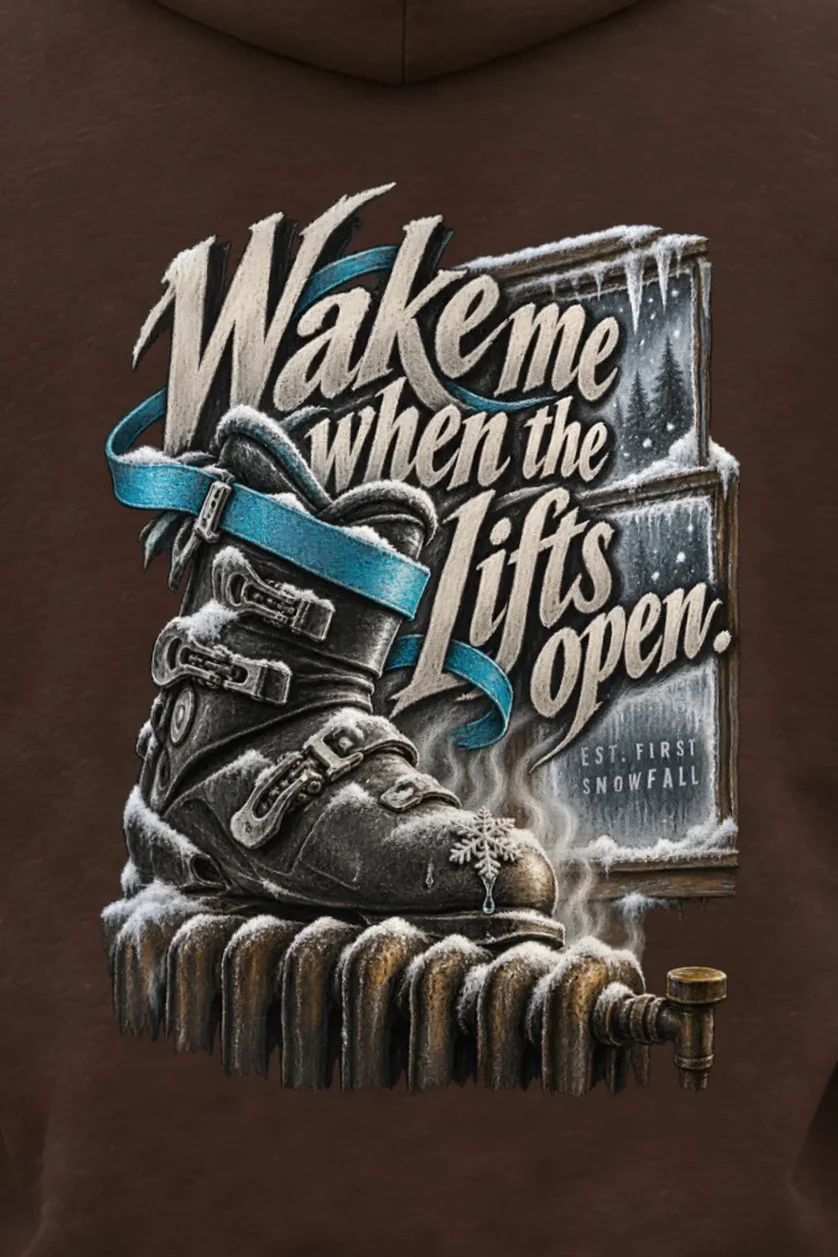 "Wake Me When the Lifts Open" Unisex Pullover Hoodie - the graphic up close