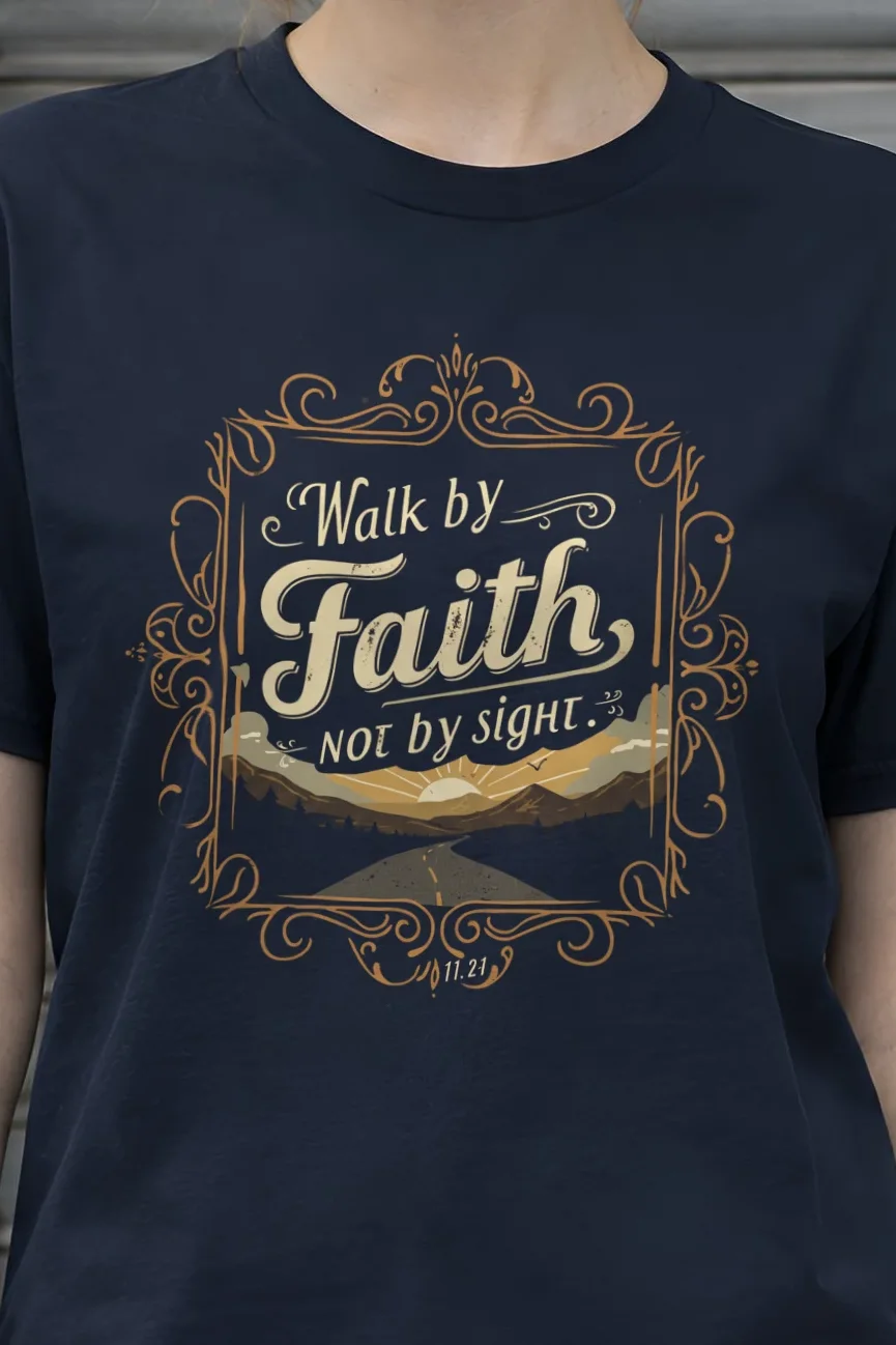 "Walk By Faith" Heavyweight Unisex Crewneck T-shirt - the graphic up close