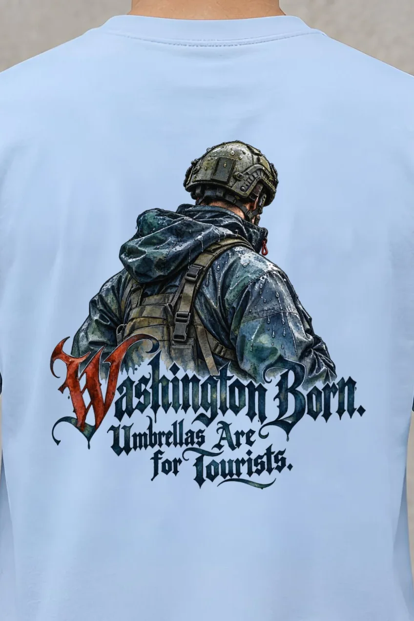 "Washington Born Umbrellas Are for Tourists" Heavyweight Unisex Crewneck T-shirt - the graphic up close