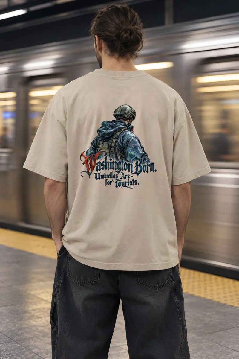 "Washington Born Umbrellas Are for Tourists" Unisex Oversized Heavyweight Crewneck T-Shirt