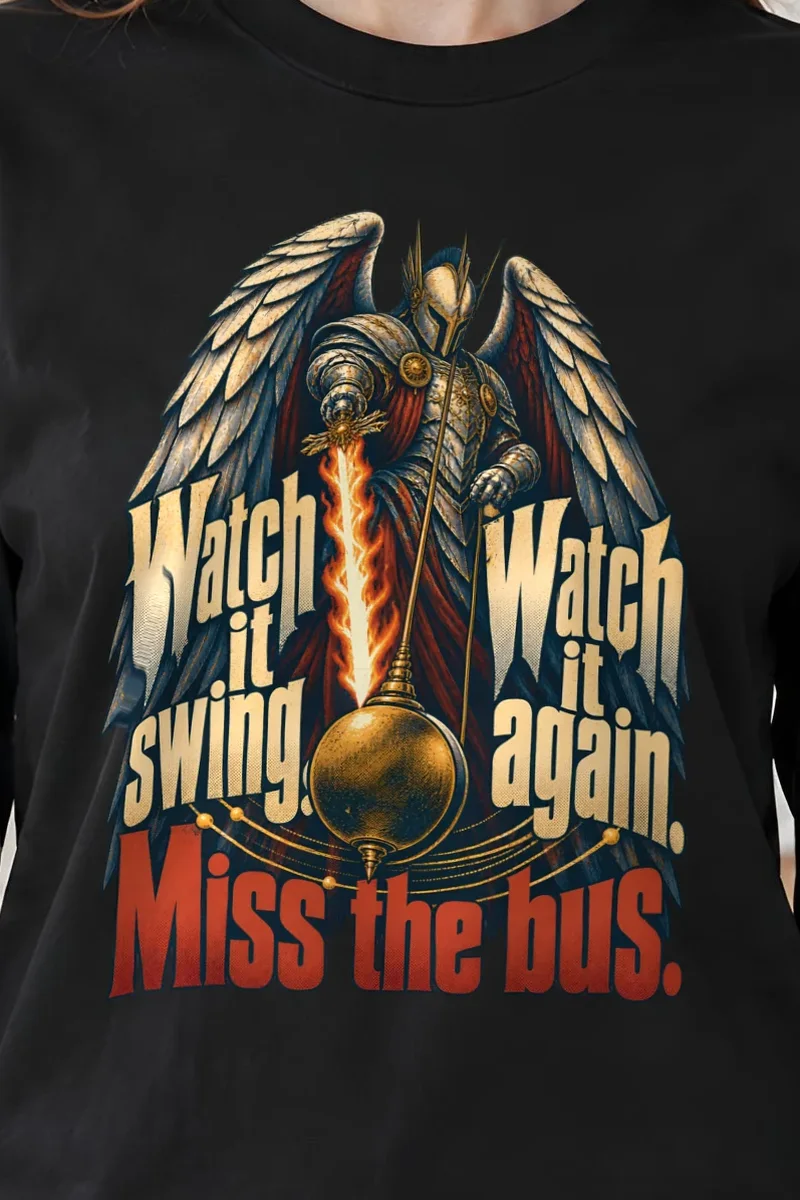 "Watch It Swing, Miss the Bus" Unisex Longsleeve T-shirt - the graphic up close