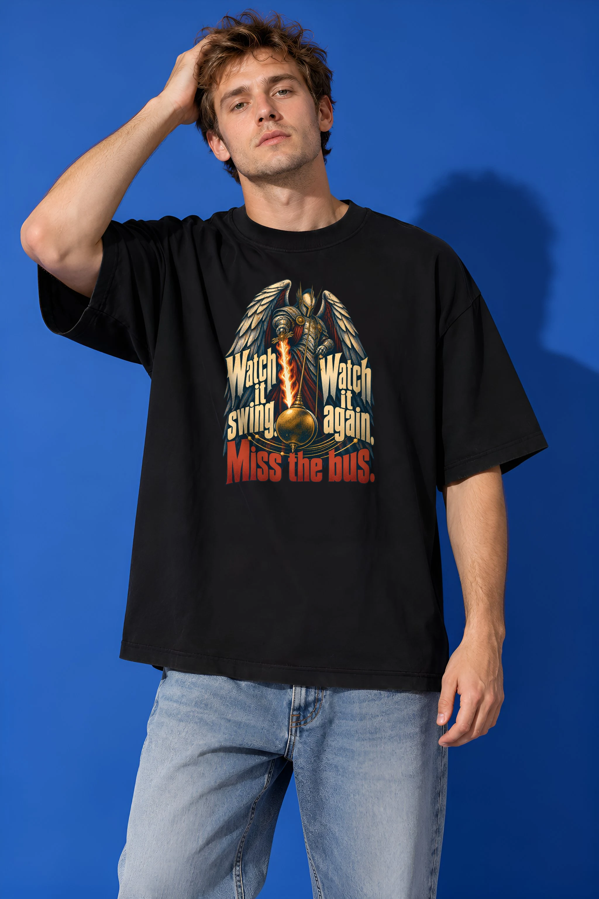 "Watch It Swing, Miss the Bus" Unisex Oversized Heavyweight Crewneck T-Shirt