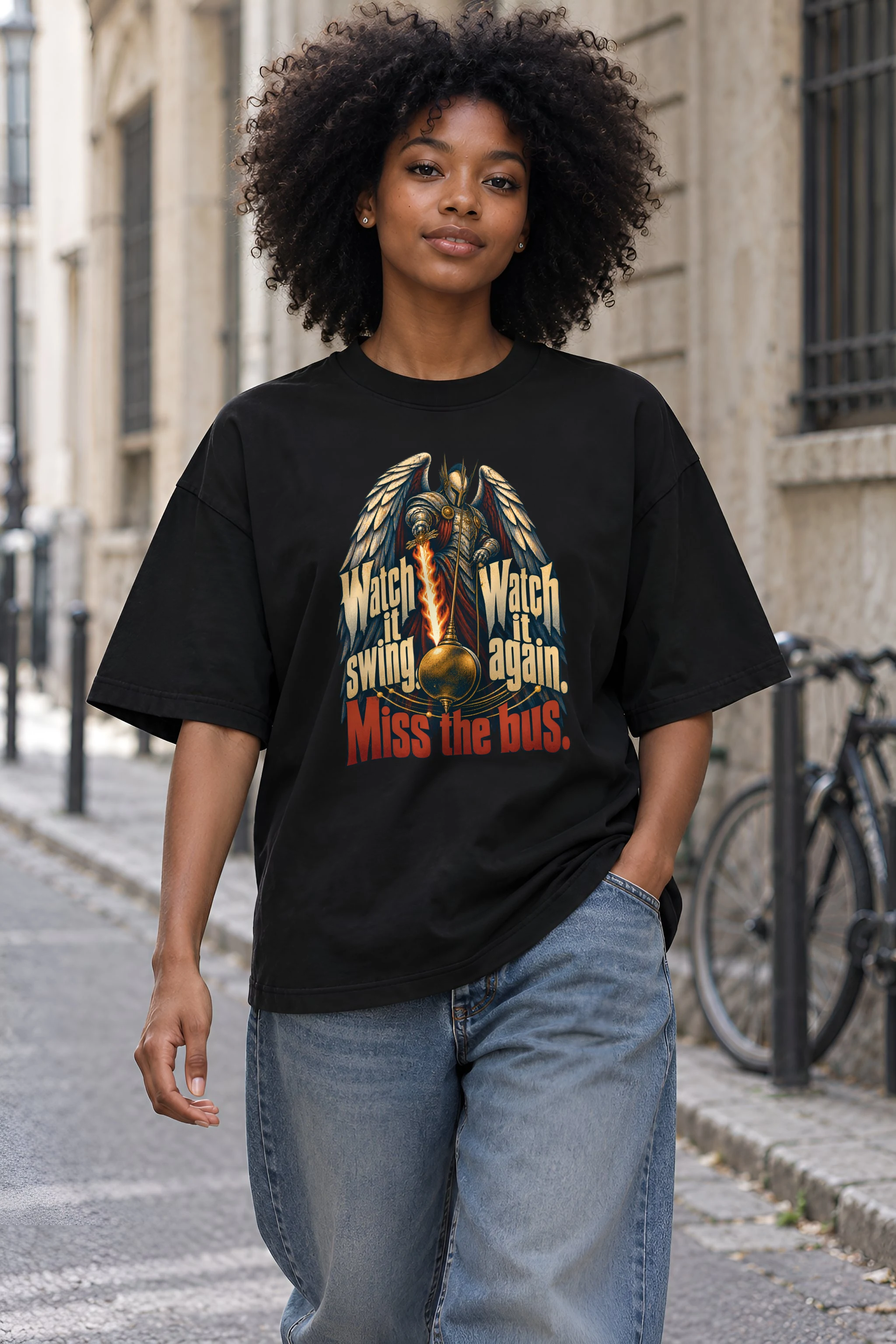 "Watch It Swing, Miss the Bus" Unisex Oversized Heavyweight Crewneck T-Shirt