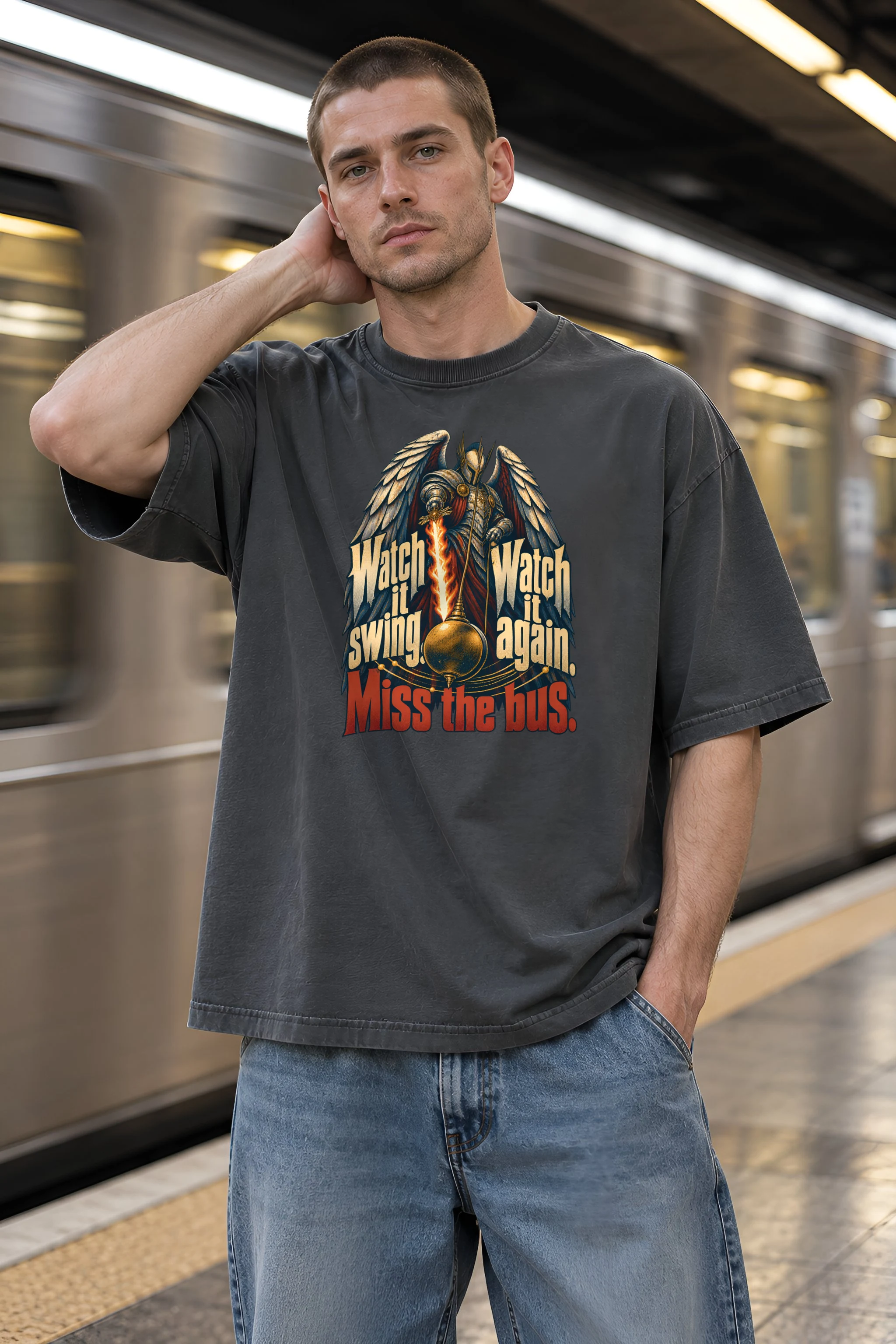 "Watch It Swing, Miss the Bus" Unisex Oversized Heavyweight Crewneck T-Shirt