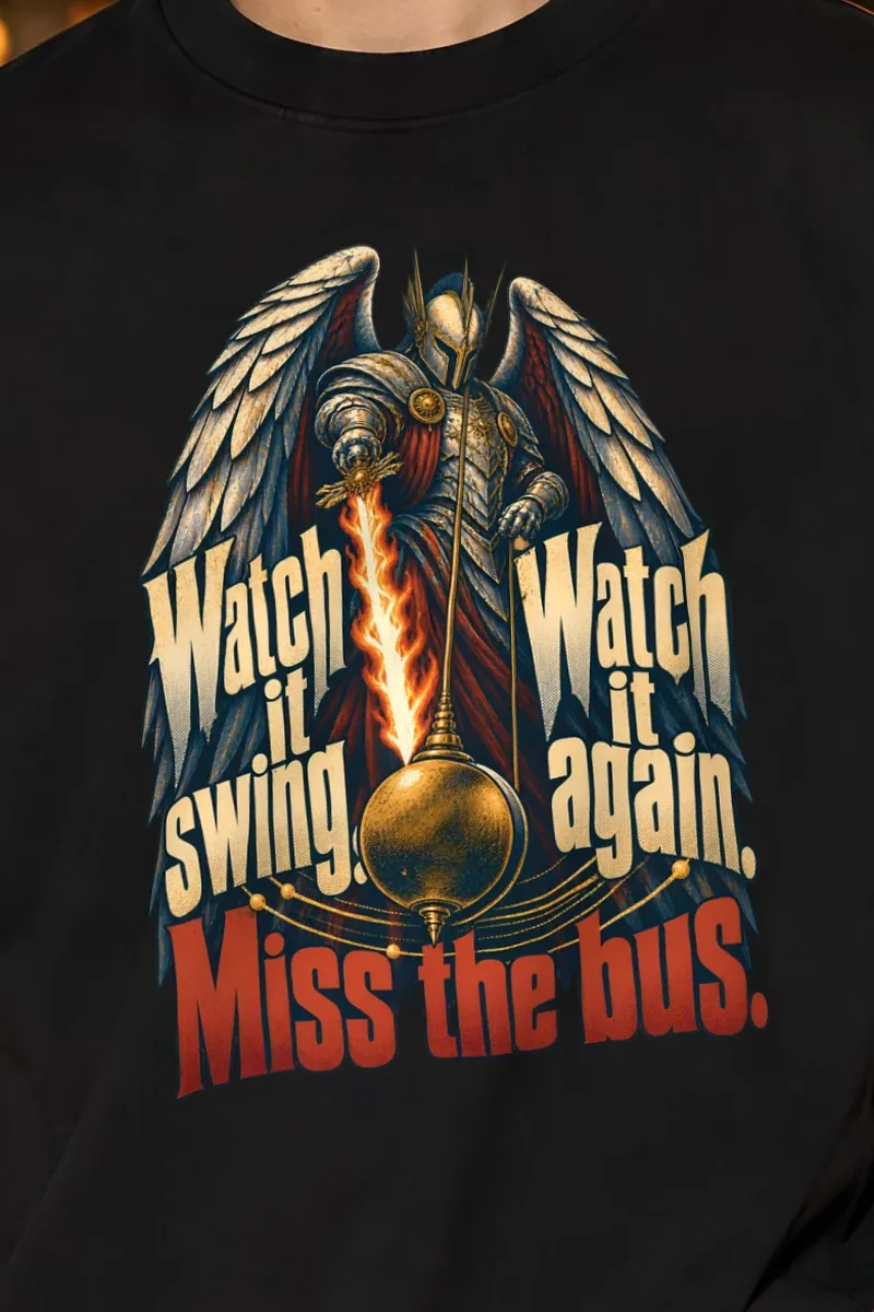 "Watch It Swing, Miss the Bus" Unisex Oversized Heavyweight Crewneck T-Shirt - the graphic up close