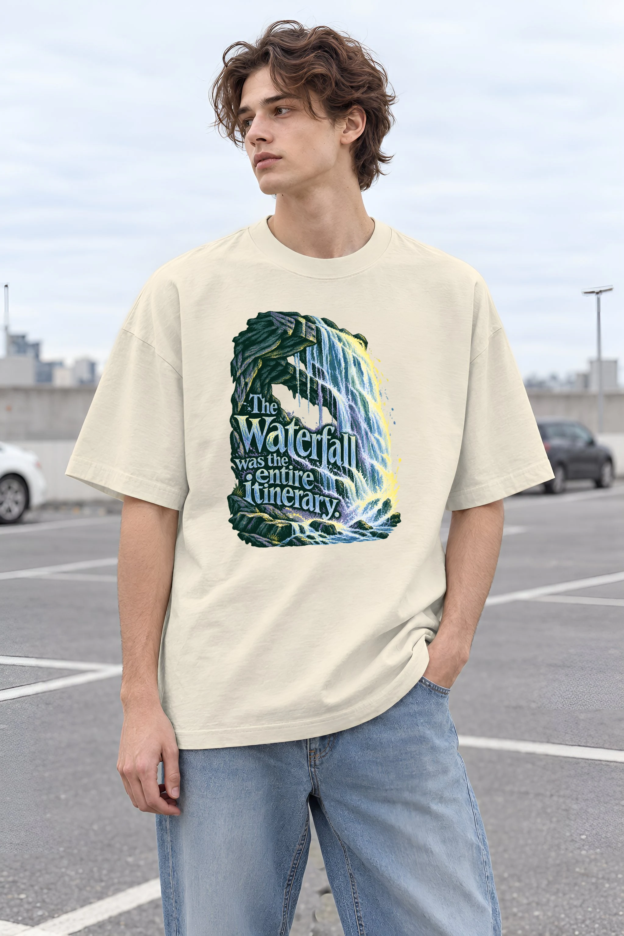 "Waterfall Itinerary" Unisex Oversized Heavyweight Crewneck T-Shirt