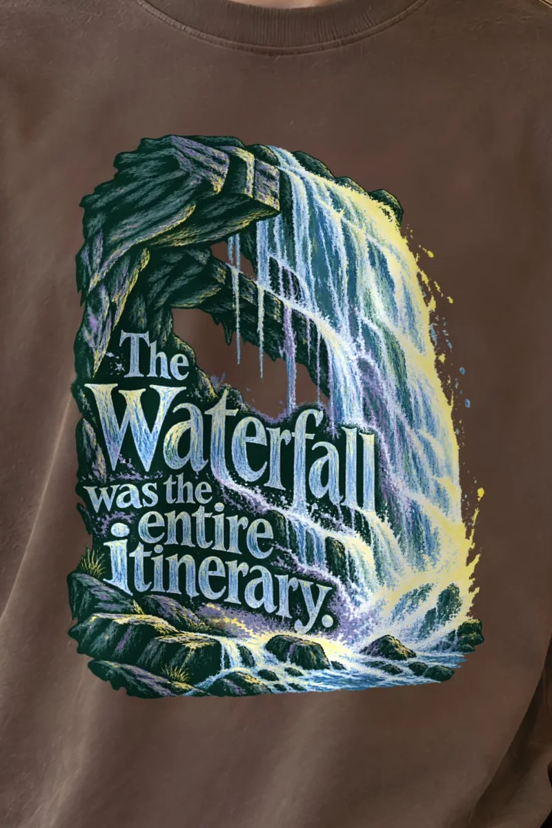 "Waterfall Itinerary" Unisex Oversized Heavyweight Crewneck T-Shirt - the graphic up close