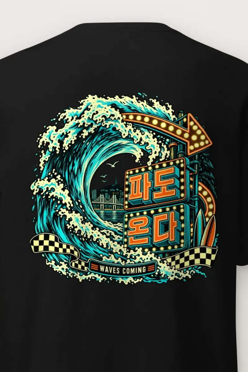 "Waves Coming" Heavyweight Unisex Crewneck T-shirt - the graphic up close