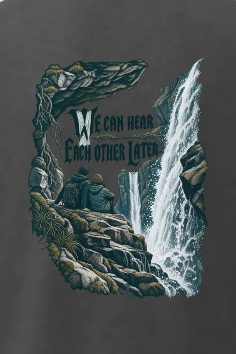 "We Can Hear Each Other Later" Men’s Oversized Heavyweight Crewneck T-Shirt - the graphic up close