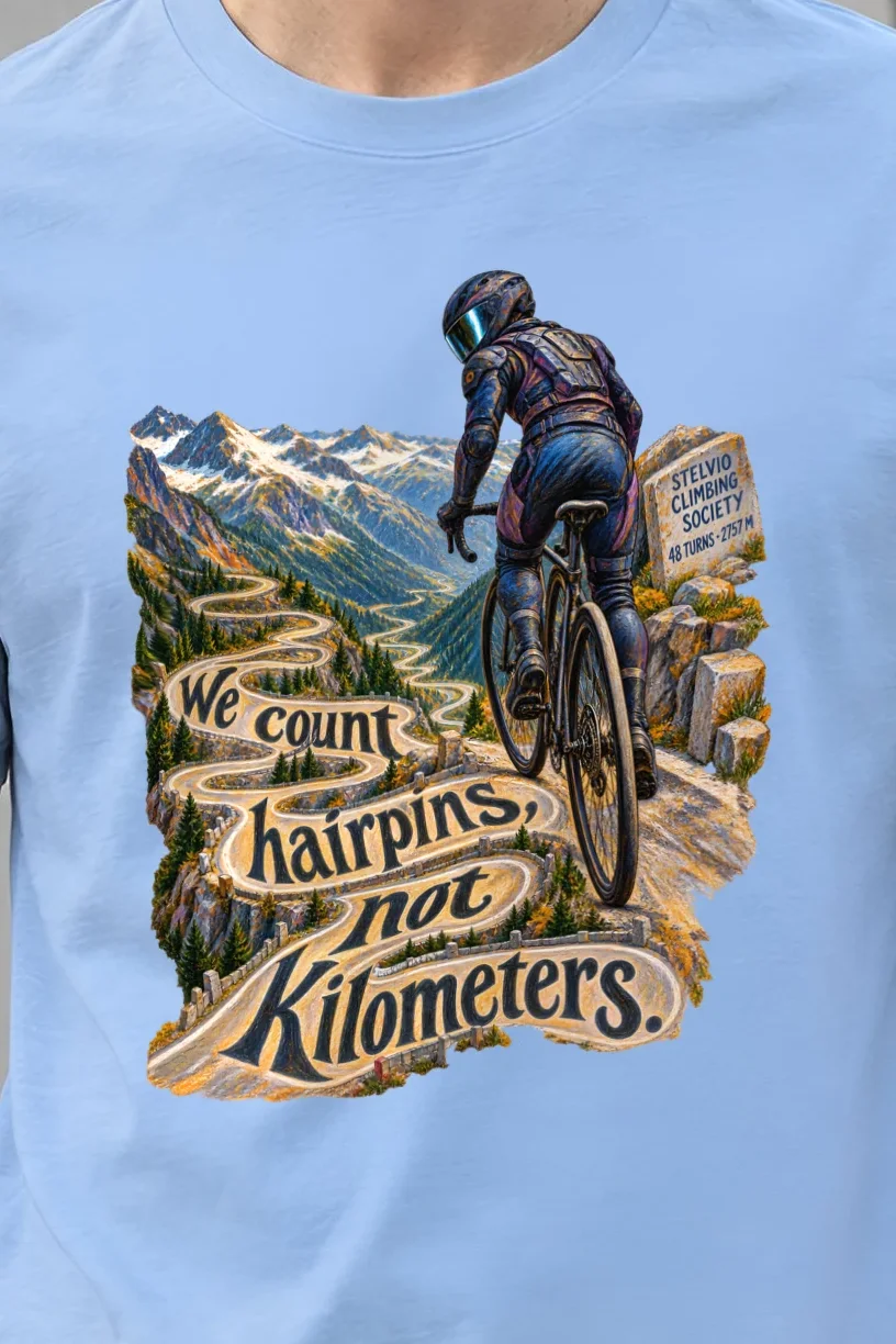 "We Count Hairpins, Not Kilometers" Heavyweight Unisex Crewneck T-shirt - the graphic up close
