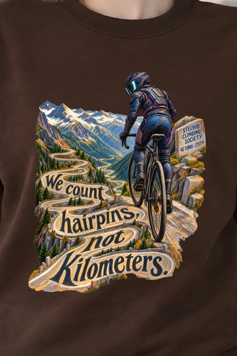 "We Count Hairpins, Not Kilometers" Unisex Crewneck Sweatshirt - the graphic up close