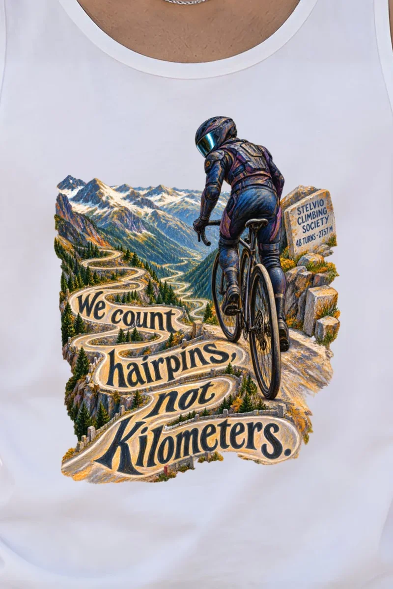 "We Count Hairpins, Not Kilometers" Unisex Jersey Tank - the graphic up close