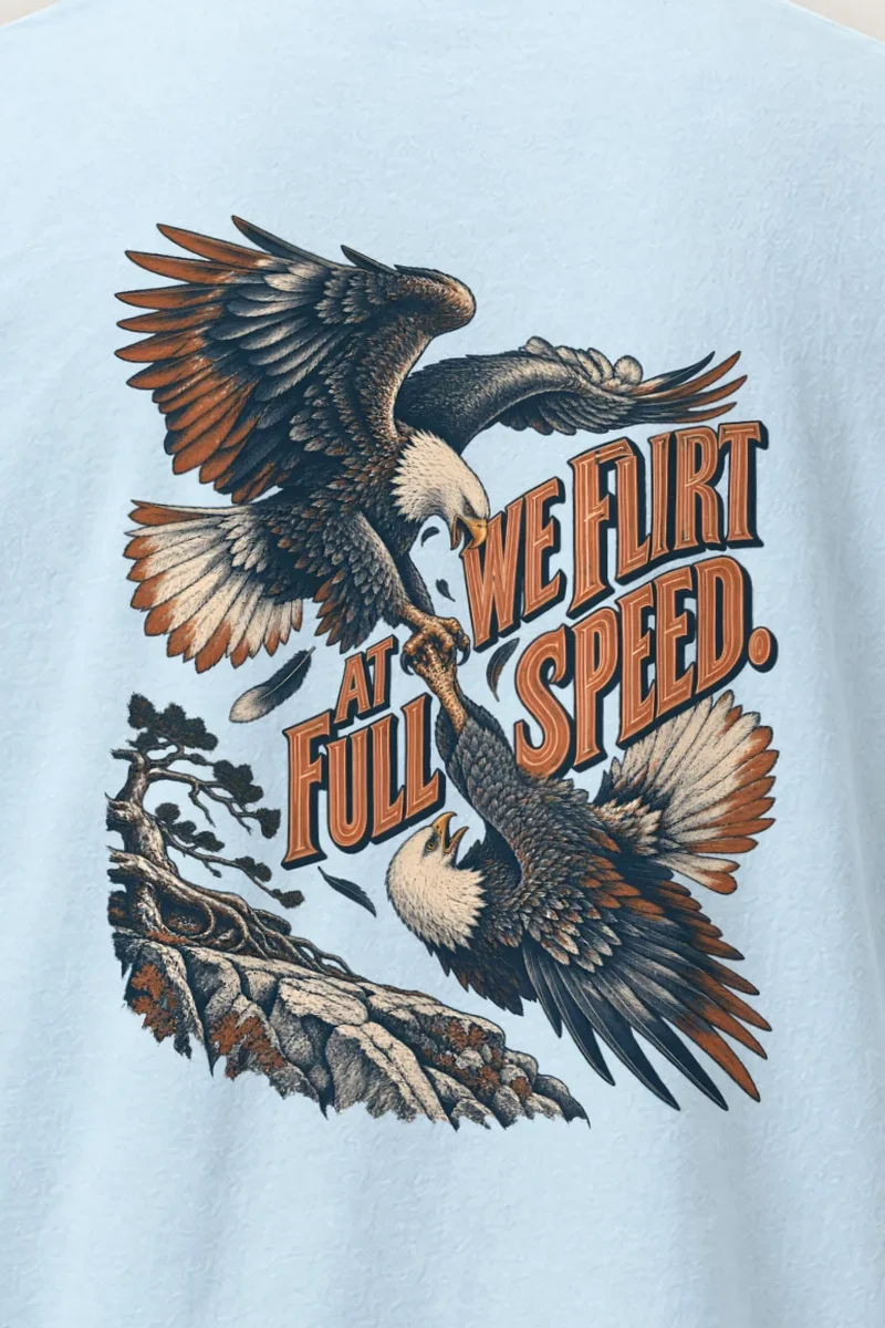 "We Flirt at Full Speed" Heavyweight Unisex Crewneck T-shirt - the graphic up close