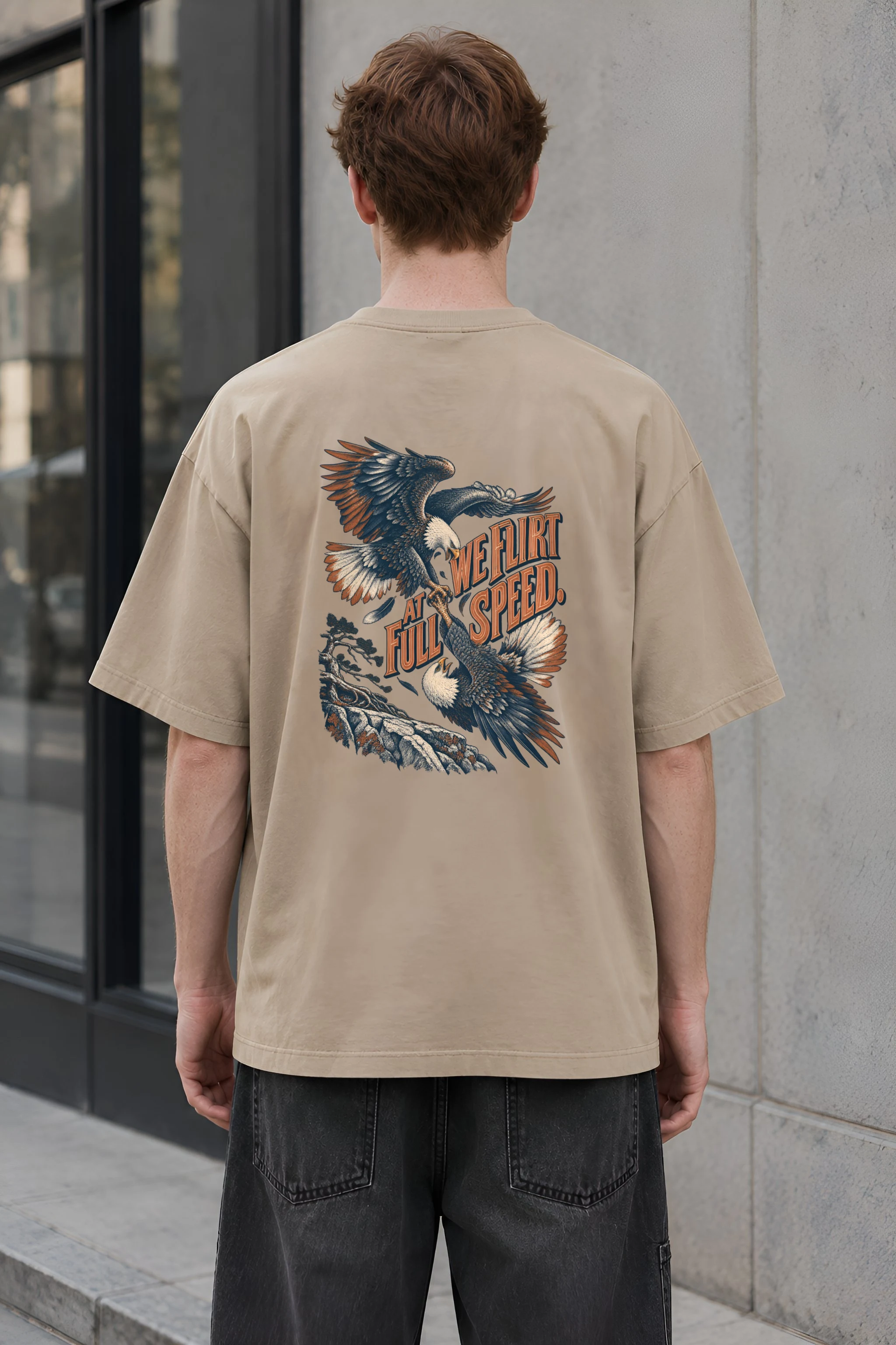 "We Flirt at Full Speed" Men's Oversized Heavyweight Crewneck T-Shirt