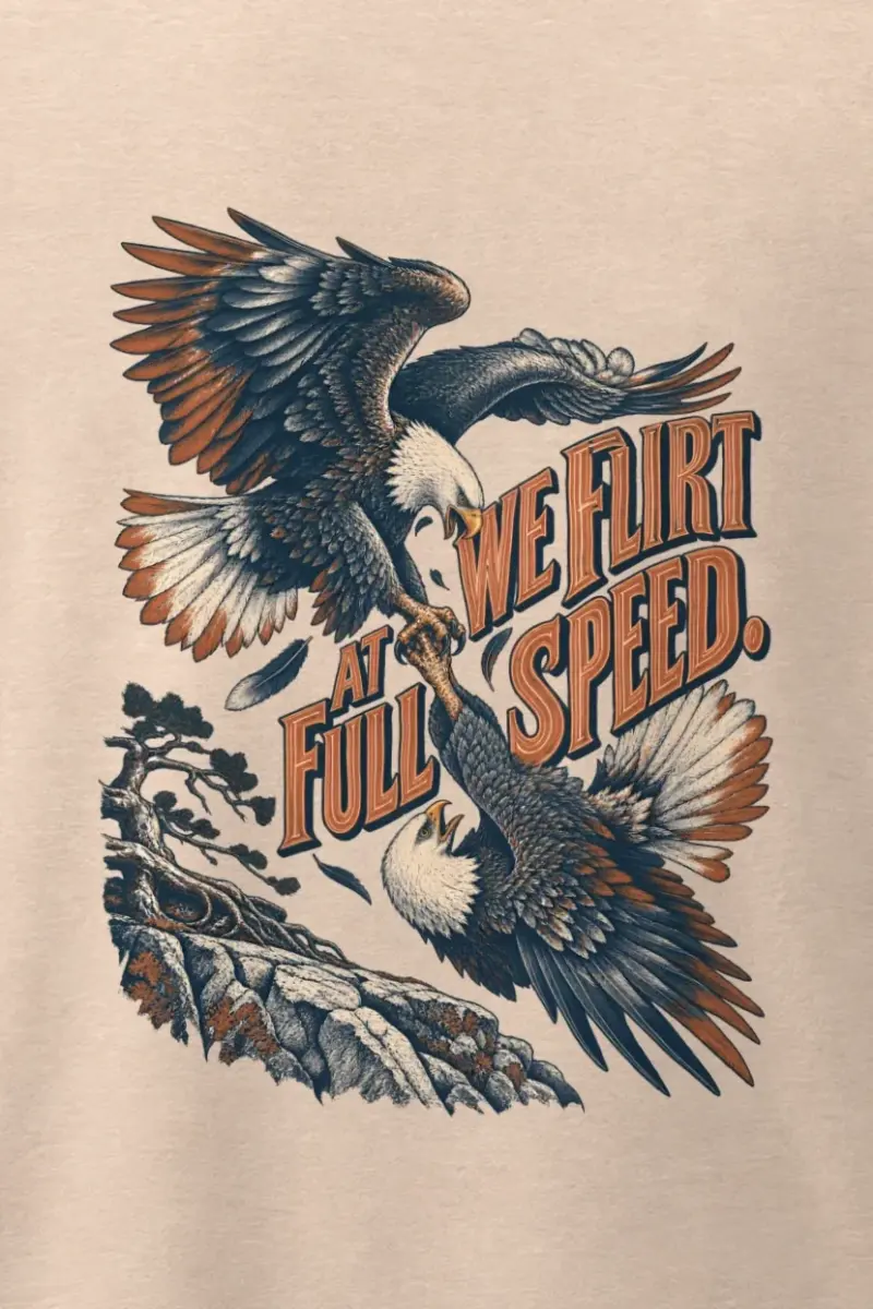 "We Flirt at Full Speed" Men’s Oversized Heavyweight Crewneck T-Shirt - the graphic up close