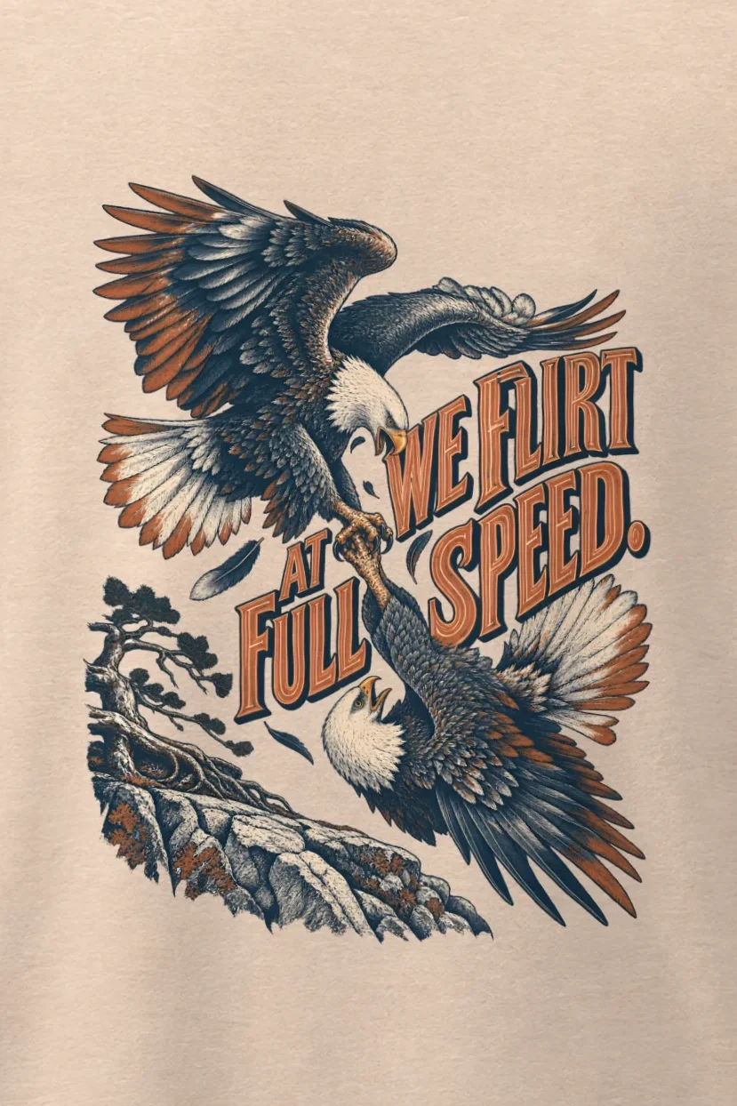 "We Flirt at Full Speed" Men’s Oversized Heavyweight Crewneck T-Shirt - the graphic up close