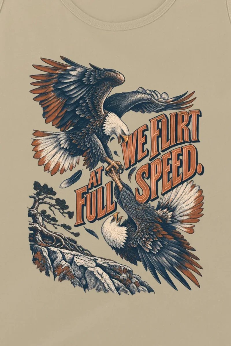 "We Flirt at Full Speed" Unisex Jersey Tank - the graphic up close