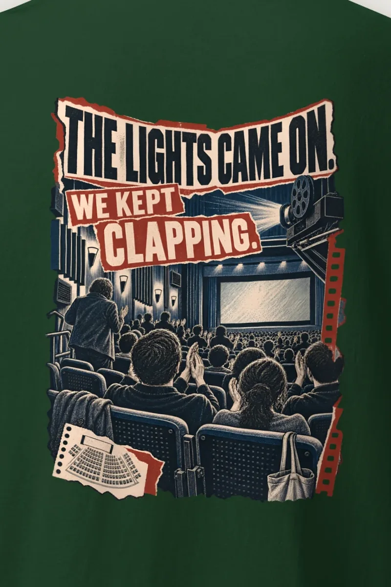 "We Kept Clapping" Heavyweight Unisex Crewneck T-shirt - the graphic up close