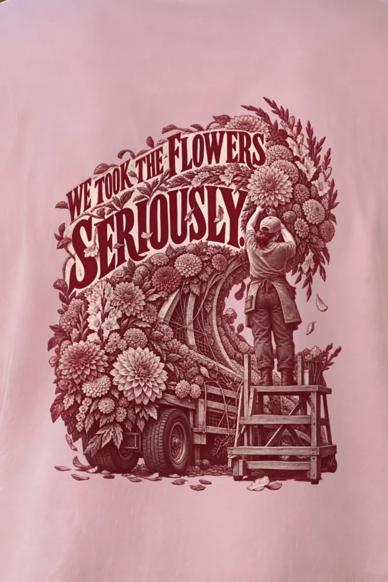 "We Took The Flowers Seriously" Heavyweight Unisex Crewneck T-shirt - the graphic up close