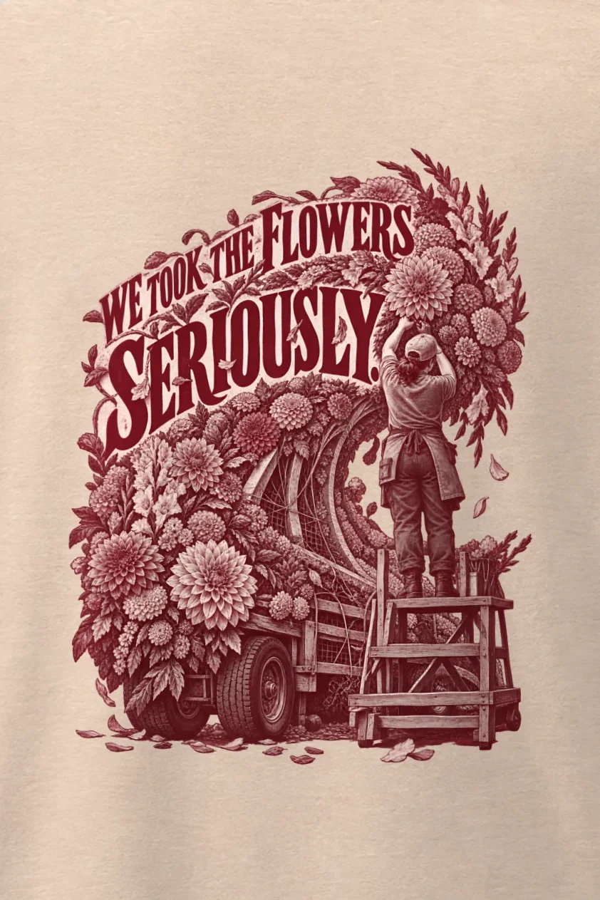 "We Took The Flowers Seriously" Men’s Oversized Heavyweight Crewneck T-Shirt - the graphic up close