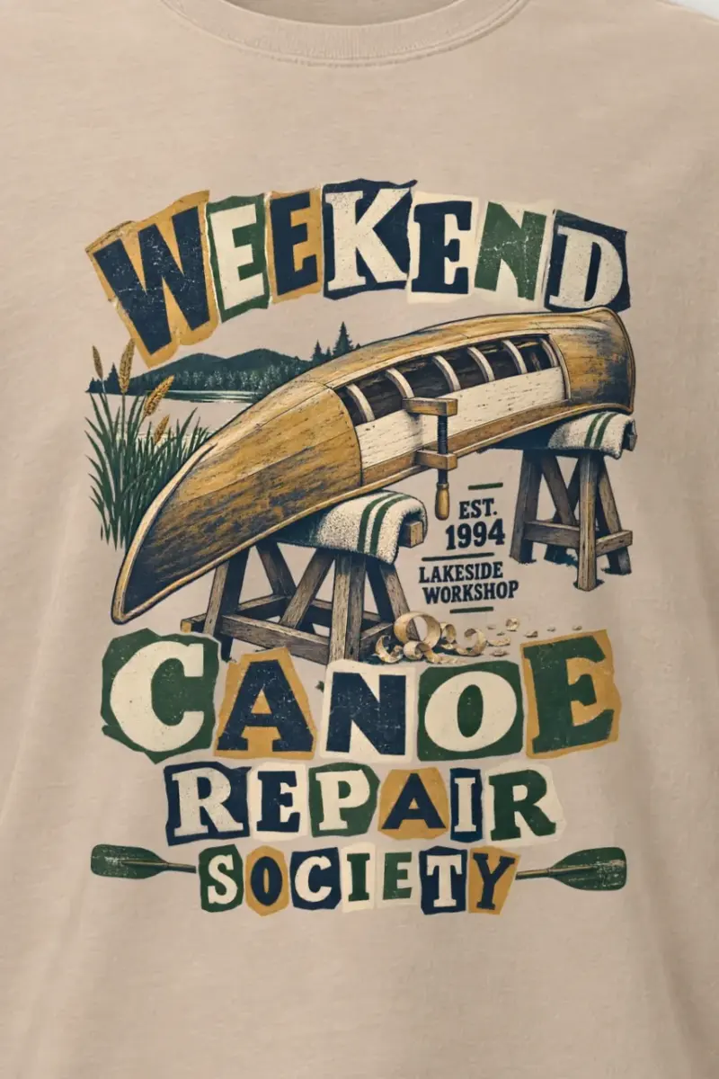 "Weekend Canoe Repair Society" Heavyweight Unisex Crewneck T-shirt - the graphic up close