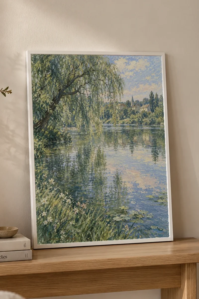 "Weeping Willow River Village" Premium Wooden Framed Poster - the graphic up close