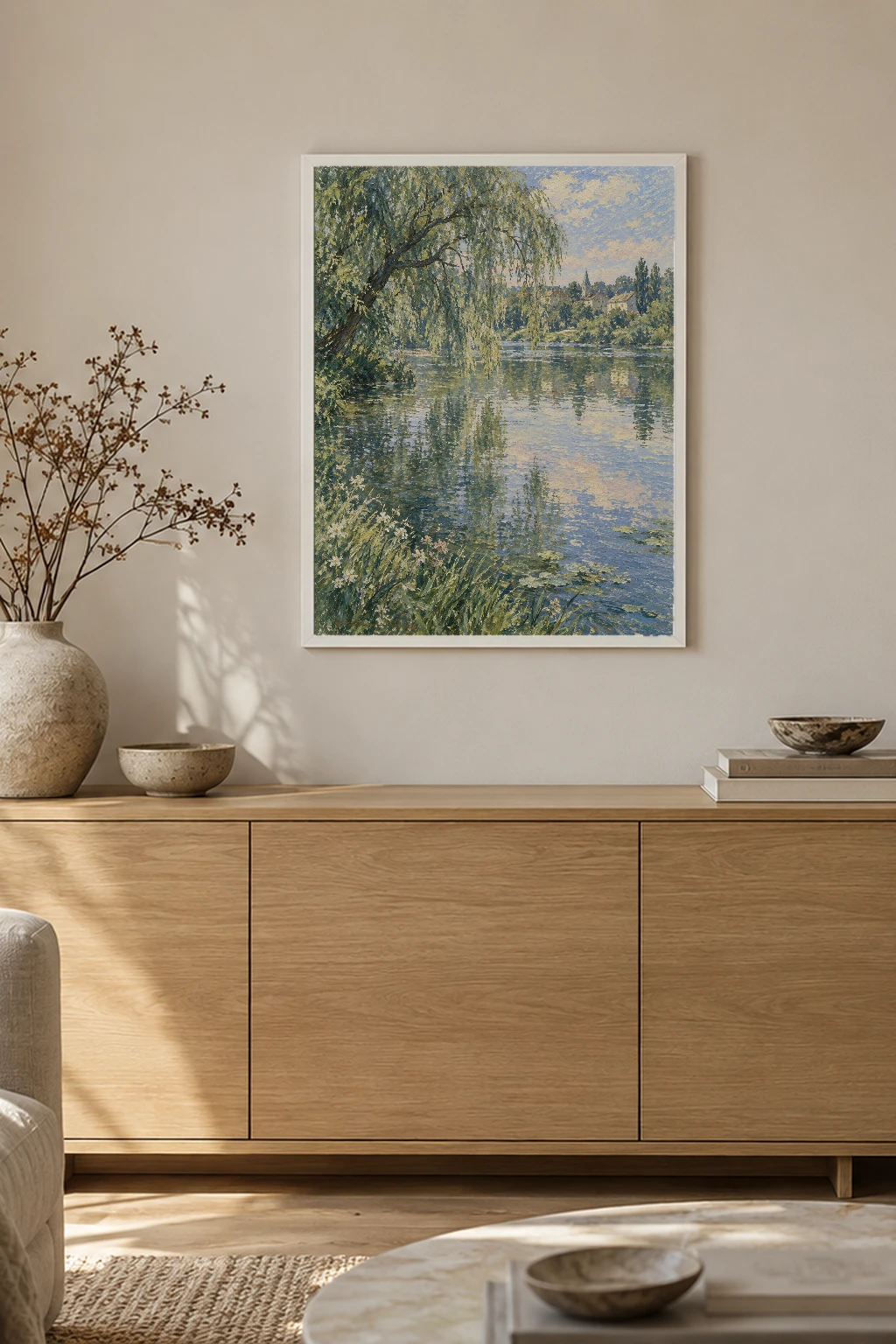 "Weeping Willow River Village" Premium Wooden Framed Poster
