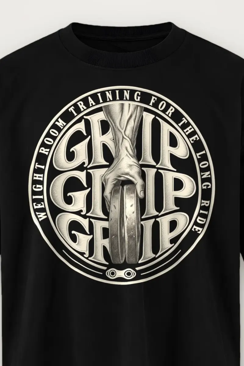 "Weight Room Training for the Long Ride" Men’s Oversized Heavyweight Crewneck T-Shirt - the graphic up close