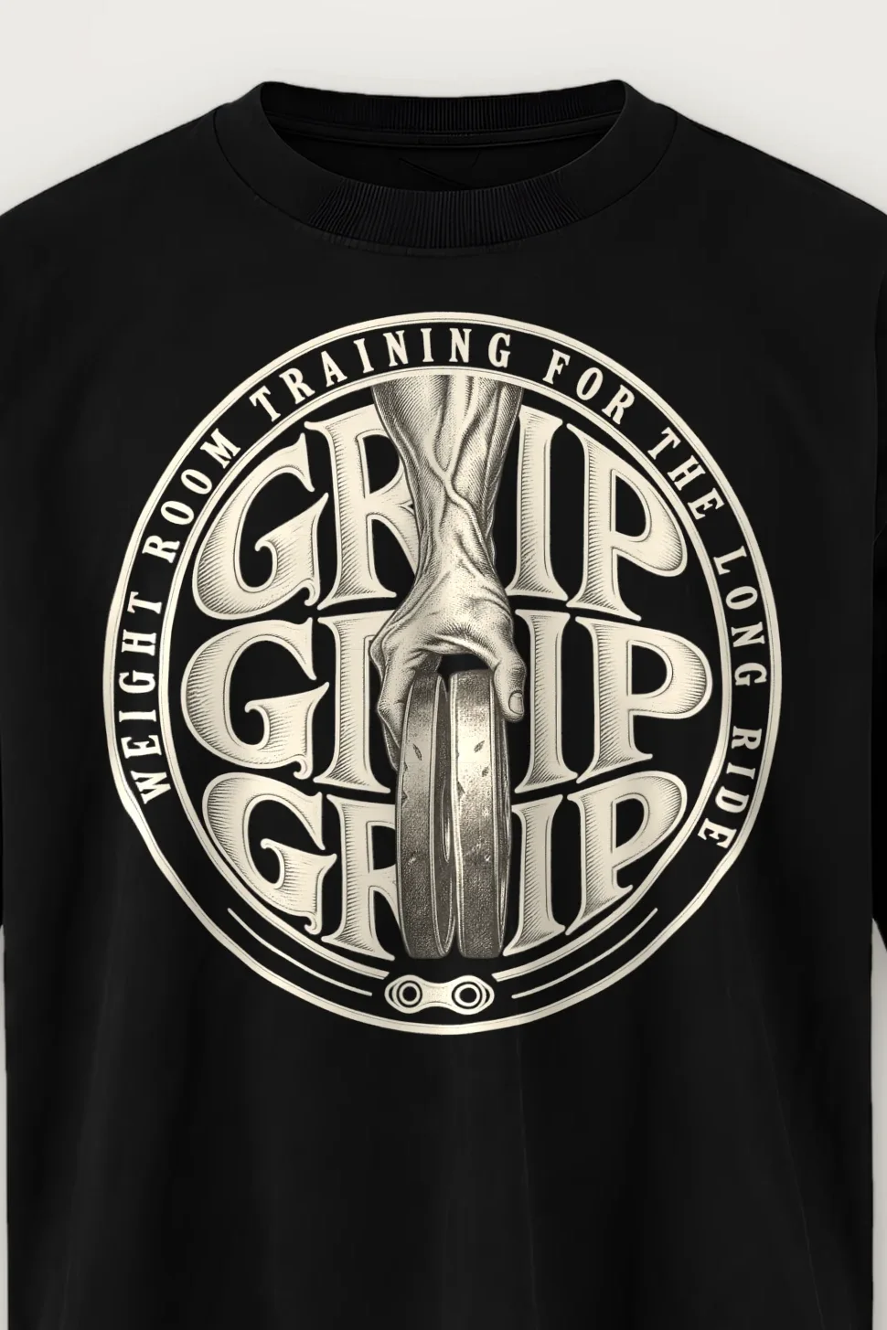 "Weight Room Training for the Long Ride" Men’s Oversized Heavyweight Crewneck T-Shirt - the graphic up close
