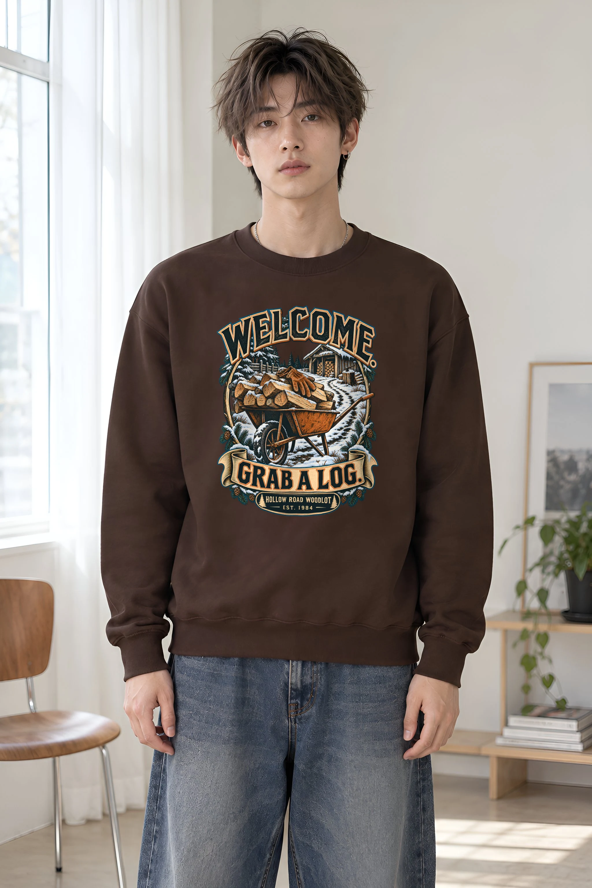 "Welcome. Grab a Log." Heavy Blend Unisex Crewneck Sweatshirt