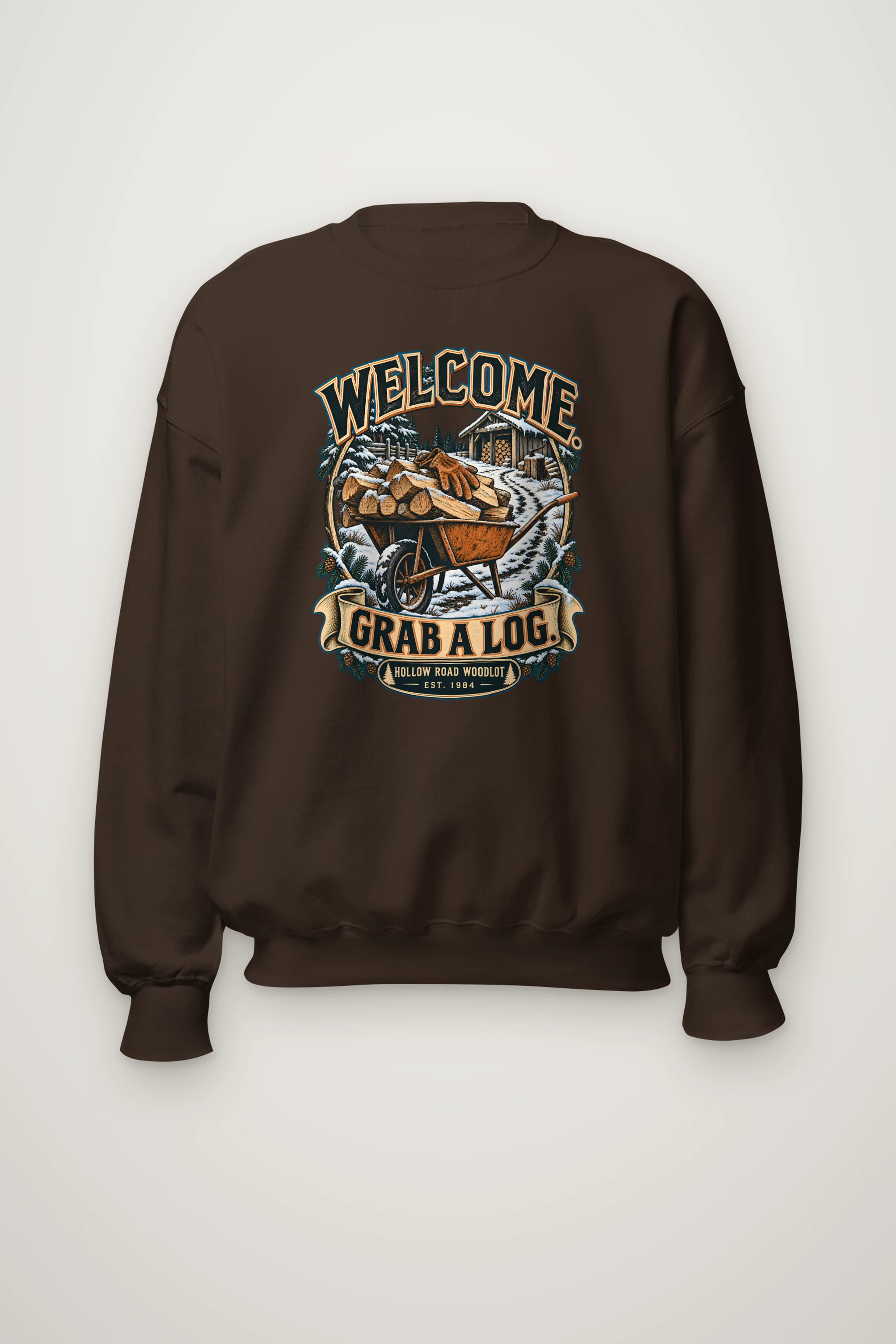 "Welcome. Grab a Log." Heavy Blend Unisex Crewneck Sweatshirt