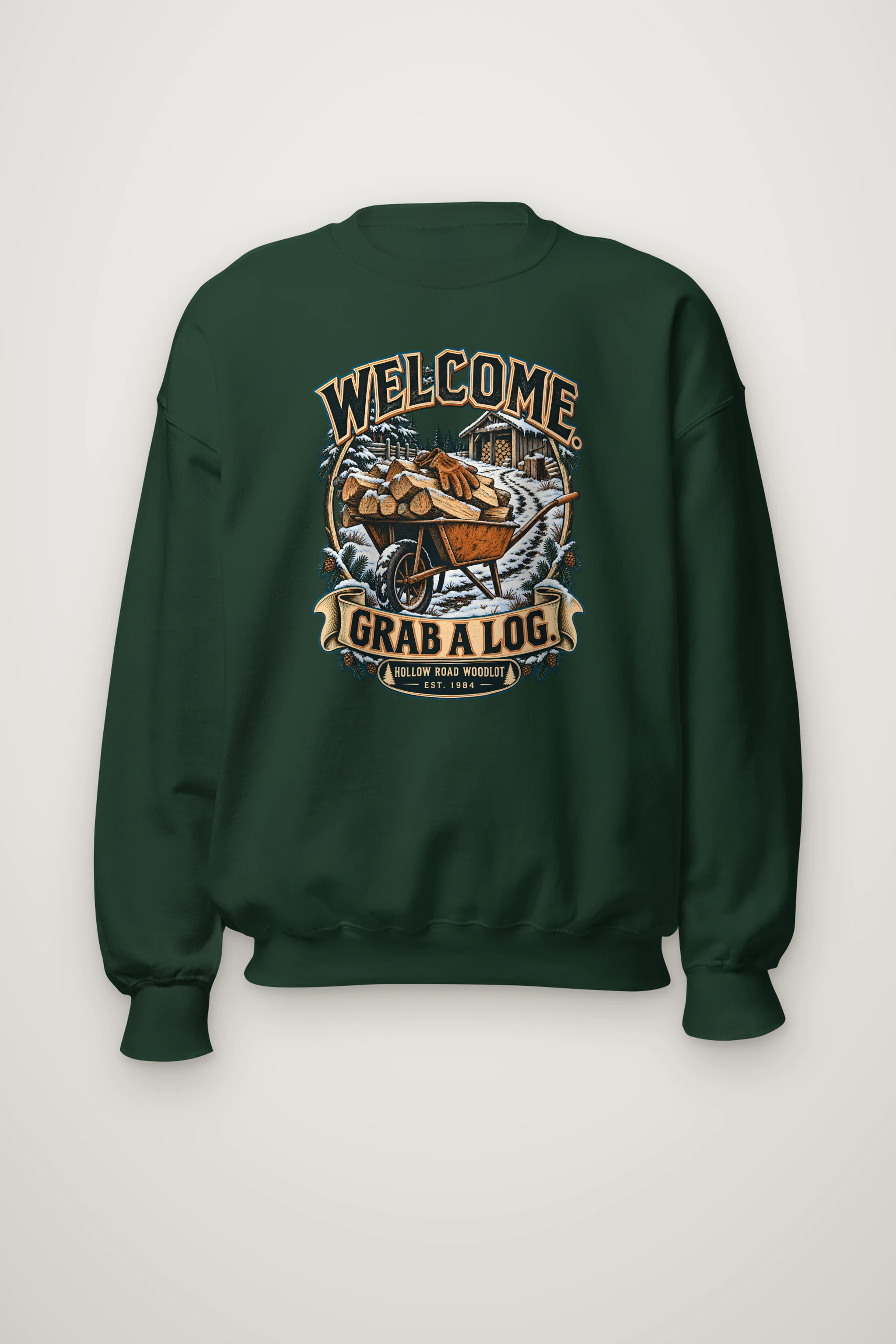 "Welcome. Grab a Log." Heavy Blend Unisex Crewneck Sweatshirt