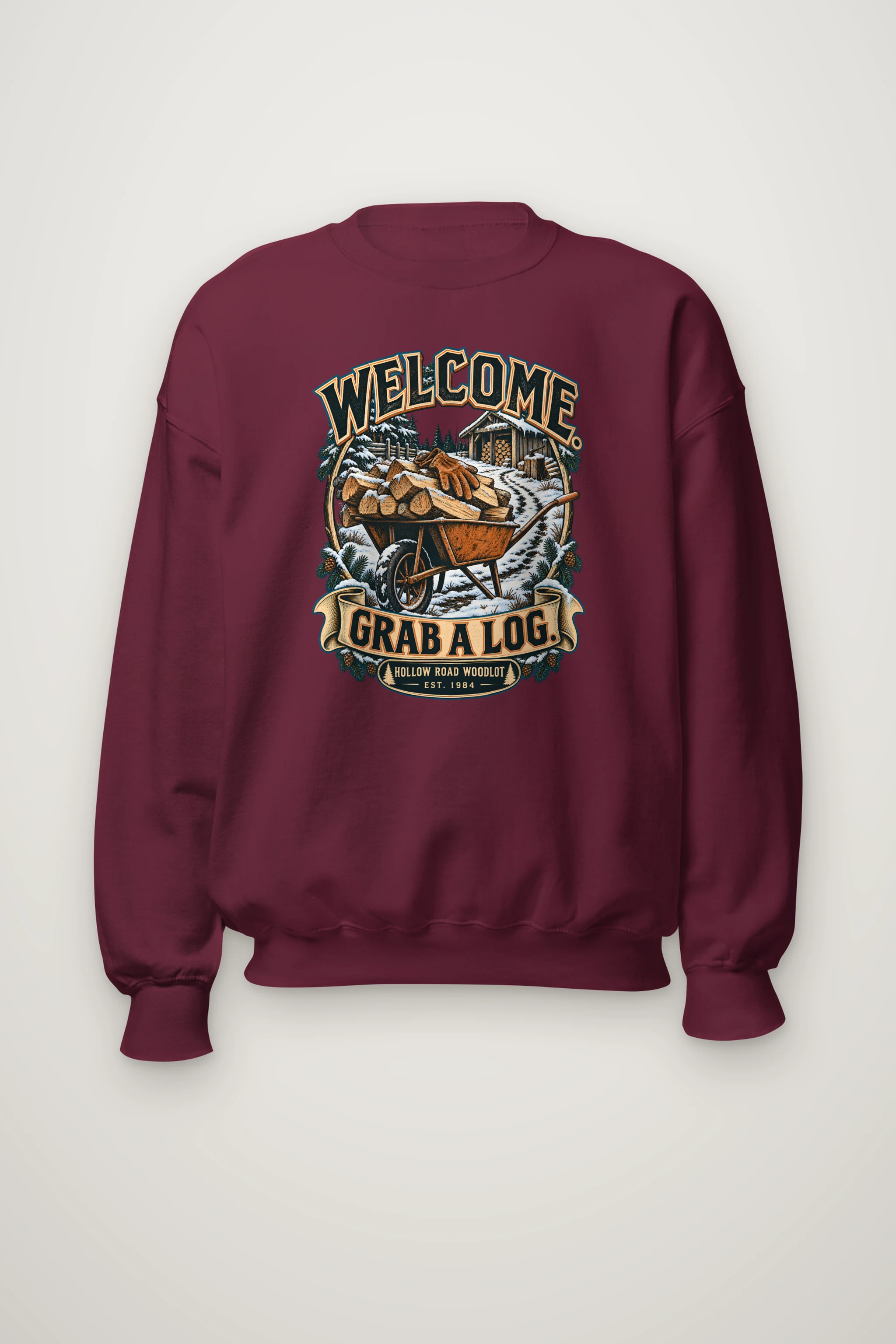 "Welcome. Grab a Log." Heavy Blend Unisex Crewneck Sweatshirt