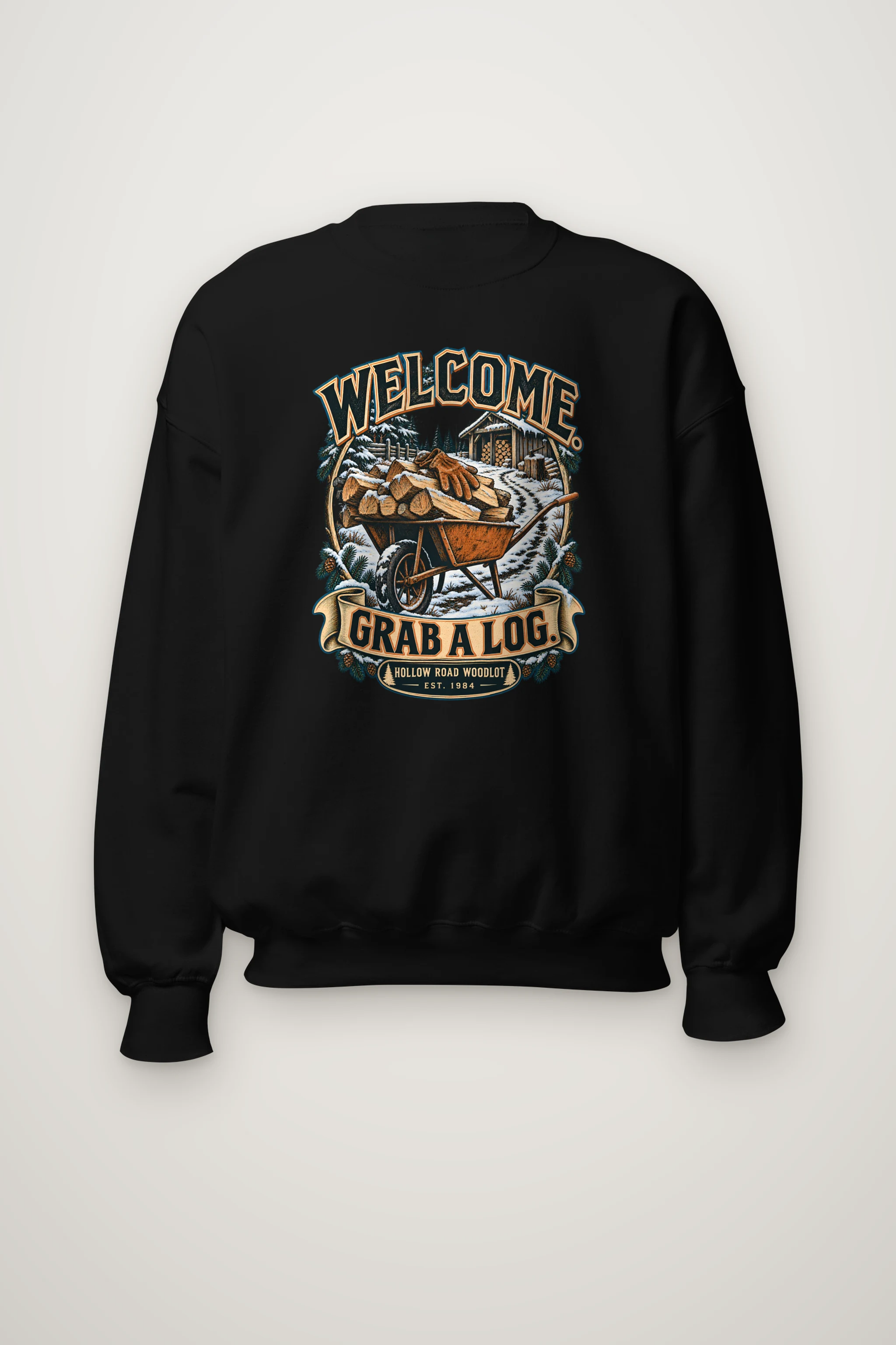"Welcome. Grab a Log." Heavy Blend Unisex Crewneck Sweatshirt