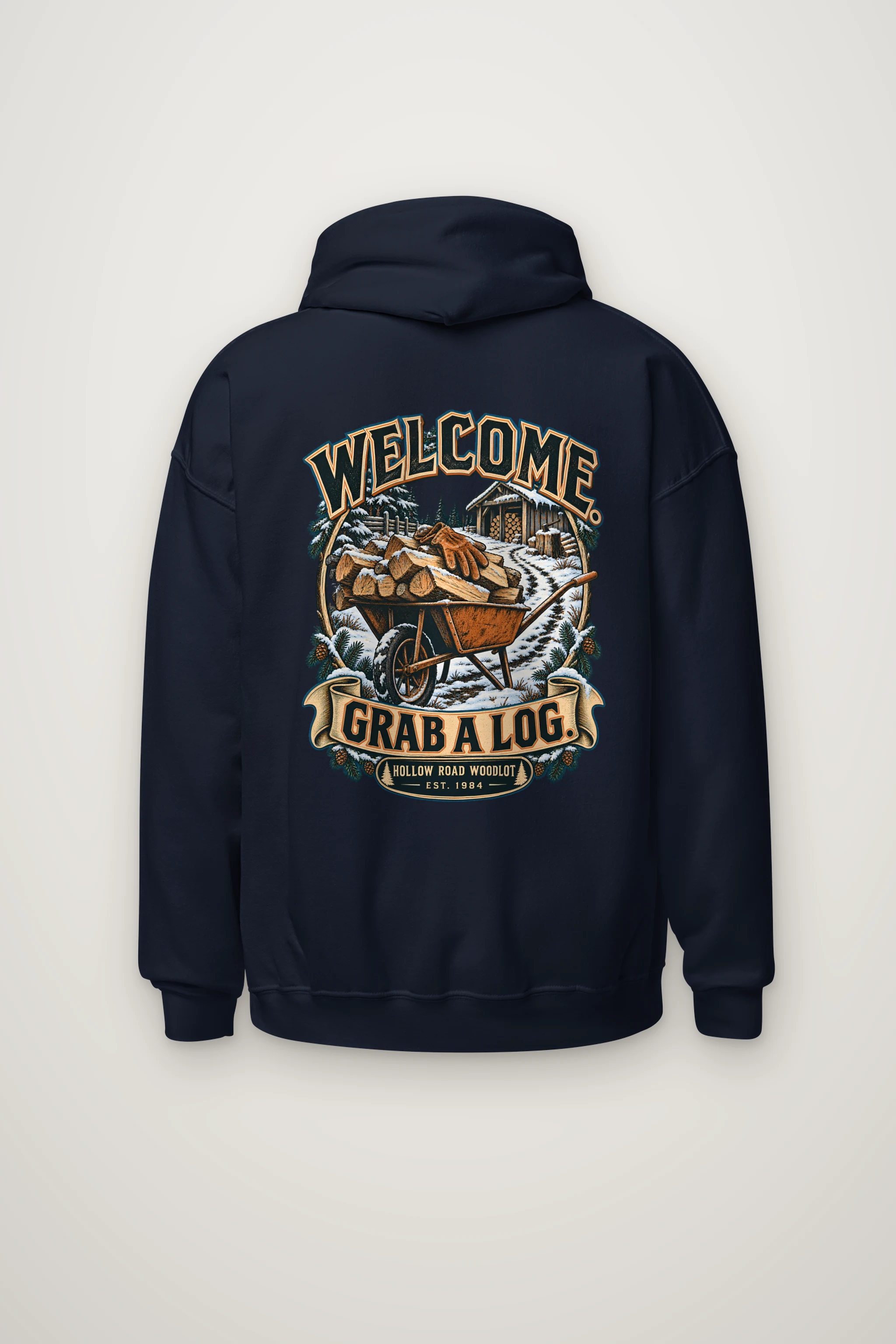 "Welcome. Grab a Log." Heavy Blend Unisex Pullover Hoodie
