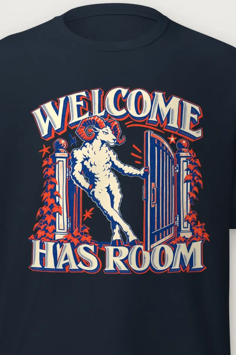 "Welcome Has Room" Heavyweight Unisex Crewneck T-shirt - the graphic up close