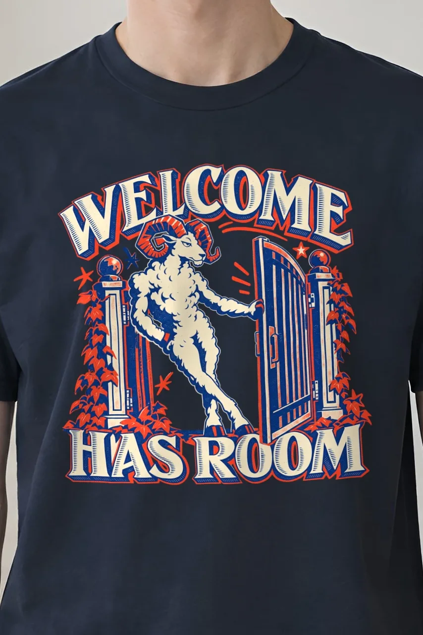 "Welcome Has Room" Heavyweight Unisex Crewneck T-shirt - the graphic up close